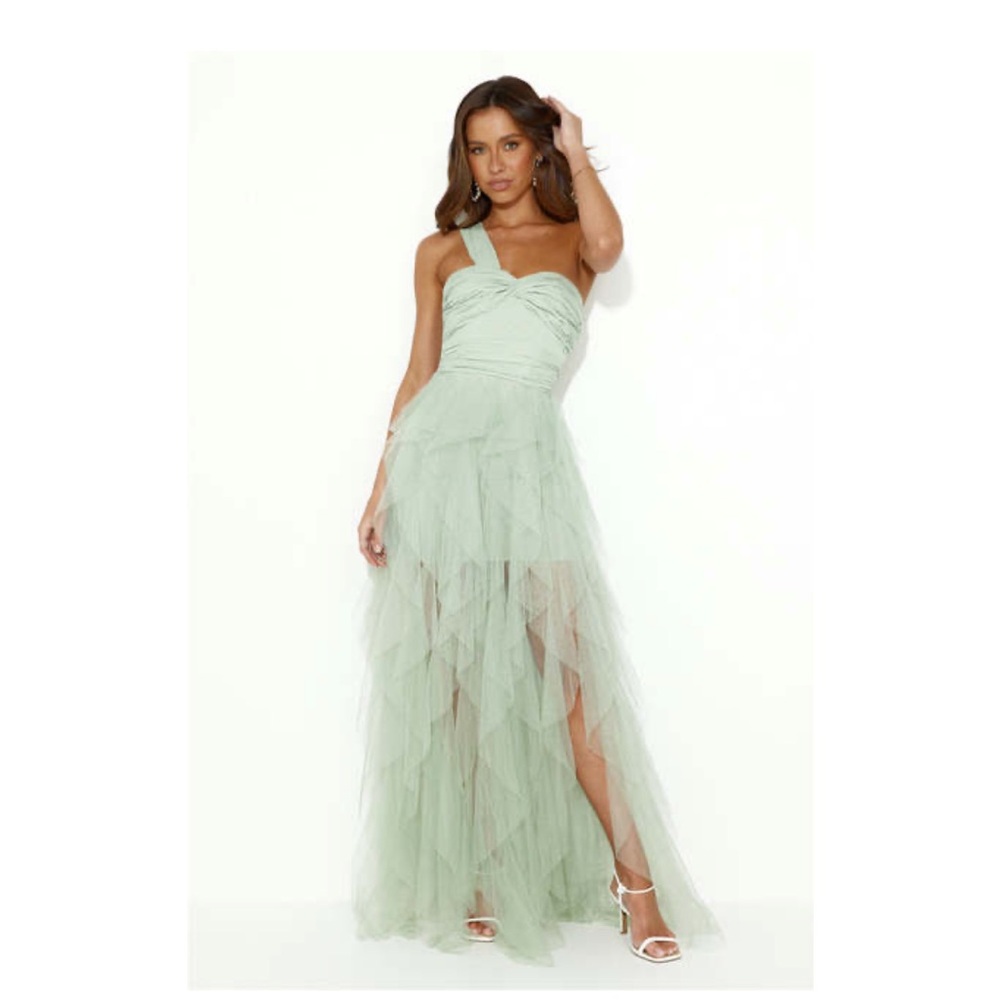Extravagance Is Me One Shoulder Tulle Maxi Dress Sage